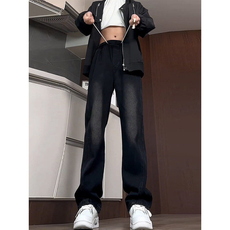 黑色微喇牛仔裤男款春季抽绳松紧腰裤子美式高街vibe直筒弯刀裤潮