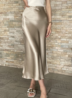 MASA高级重磅醋酸缎面高腰半身裙真丝A字裙气质开叉半裙长款垂感