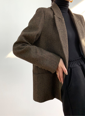 2025秋冬新款人字纹毛呢西装外套女英伦风西服外套