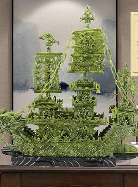 玉石龙船摆件天然一帆风顺