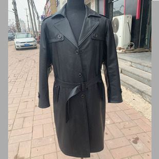 牛皮衣男装长款2024年新时尚海宁辛集舒适耐穿春秋款西装领过膝盖