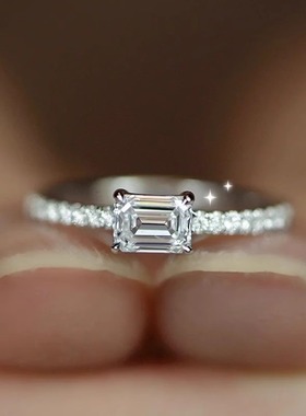 S925纯银莫桑石戒指细条形冰糖长方形方糖钻戒叠戴食指戒闭口指环