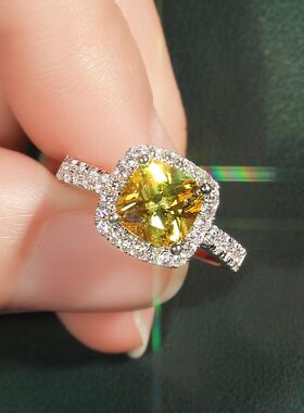 S925莫桑石戒指2克拉枕形公主方钻婚戒小方糖钻戒镀银闭口指环女
