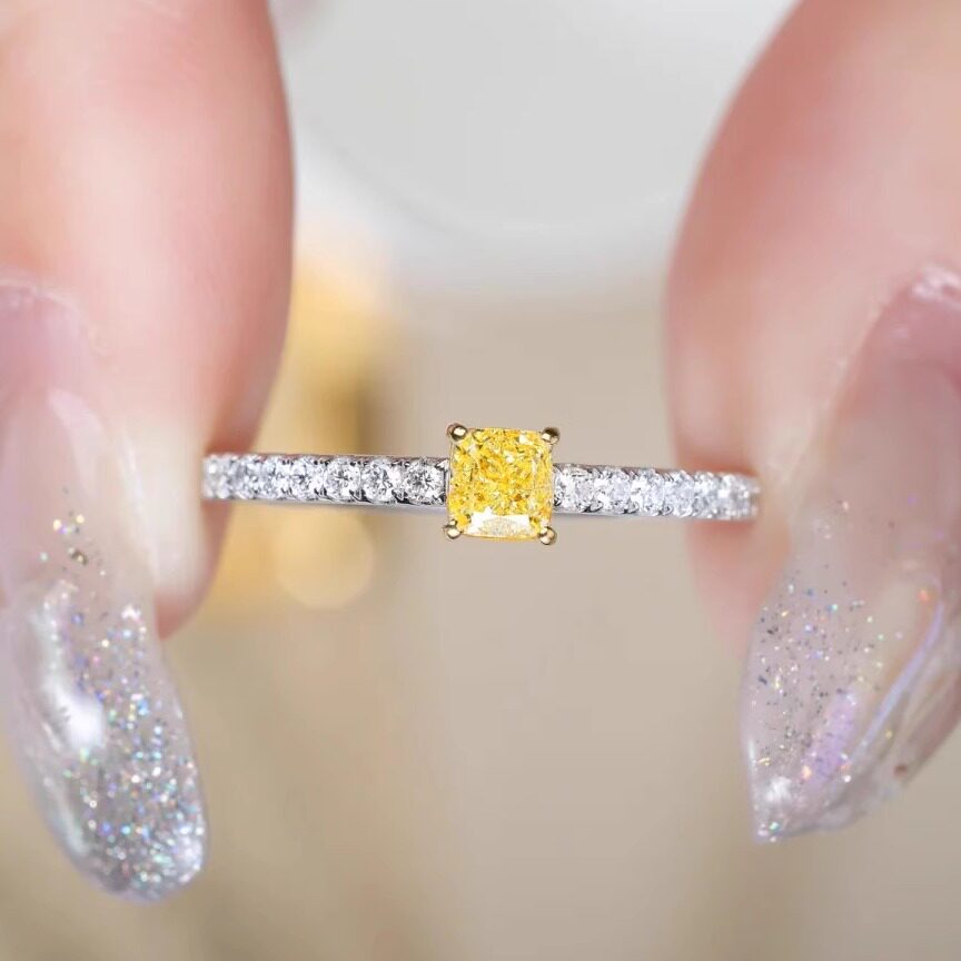 S925莫桑石戒指公主方钻群镶彩色钻戒正方型食指戒副镀银戒指女款