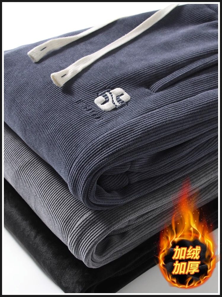 香港加绒加厚灯芯绒裤子男士秋冬款束脚运动裤休闲卫裤冬季哈伦裤