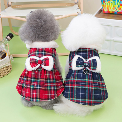 狗狗猫咪冬装加厚保暖格子裙子
