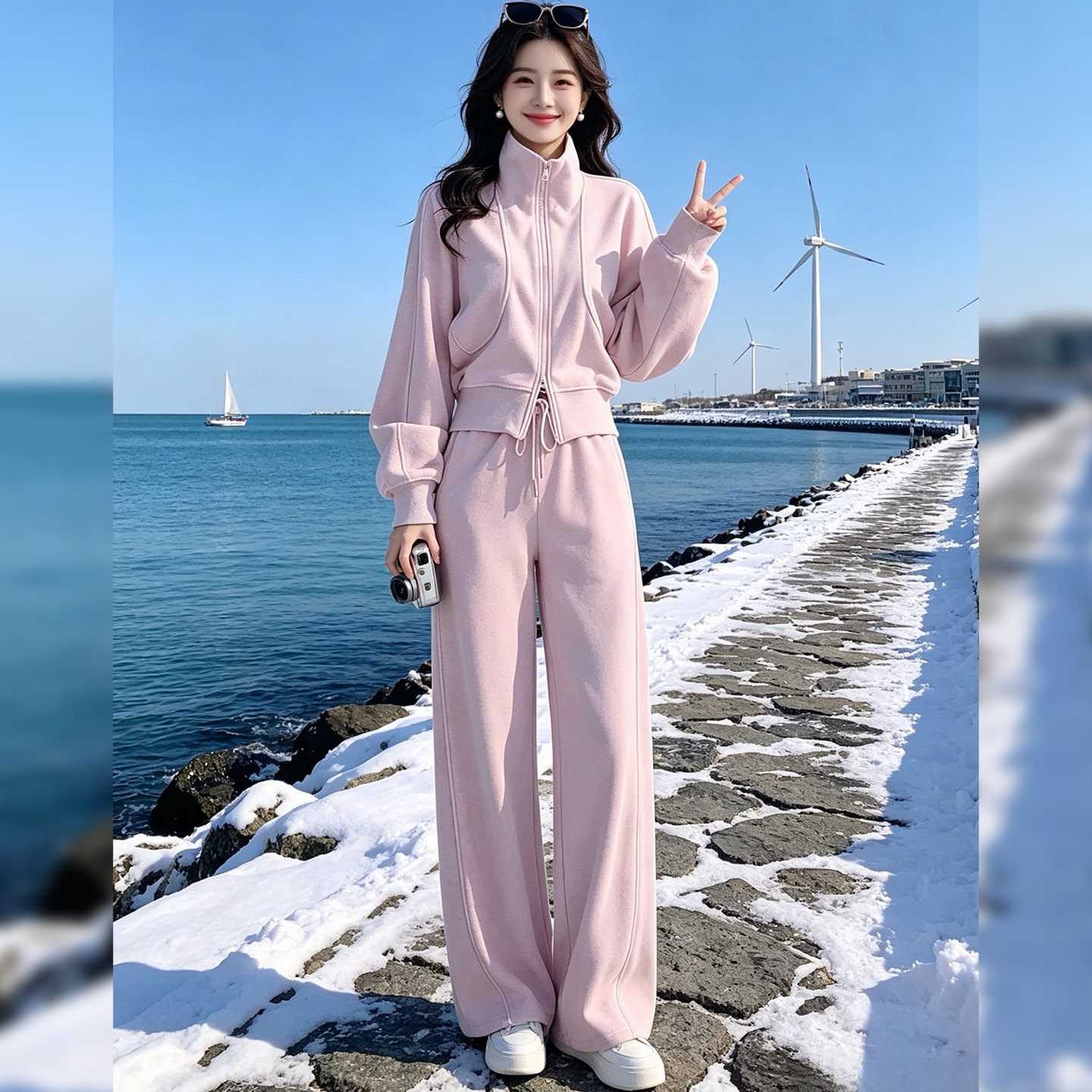 韩系穿搭粉色连帽卫衣套装女秋冬