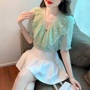 RM19200#夏季新款荷叶边蕾丝衫显瘦遮肉v领上衣超仙蕾丝花边上衣小衫