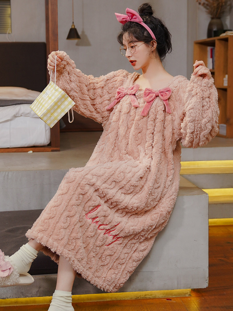 여성용 가을 겨울 긴 산호 벨벳 원피스 잠옷 대형 플러스 벨벳과 두꺼운 겨울 플란넬 활력 긴팔 잠옷