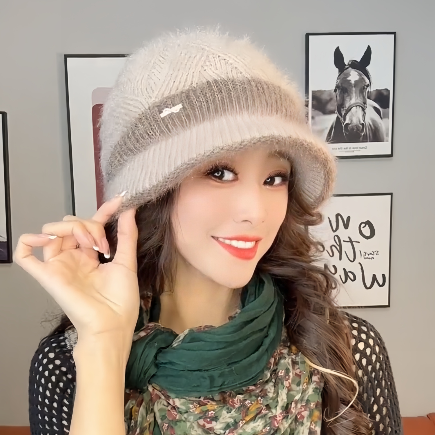 松鼠绒双层保暖加绒时尚针织盆帽帽子百搭女士编织冬天渔夫帽加厚