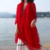 抗皱围巾 大红色沙滩巾大披肩百搭薄款 2025春夏新款 纯色丝巾女四季