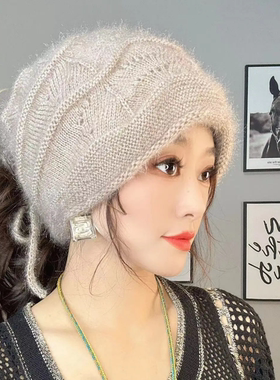 2025新款松鼠绒抽绳时尚针织包头帽女士百搭秋冬编织两用款堆堆帽