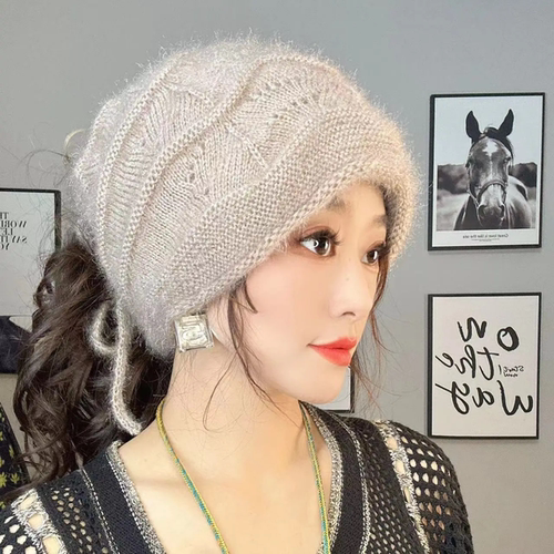 2025新款松鼠绒抽绳时尚针织包头帽女士百搭秋冬编织两用款堆堆帽