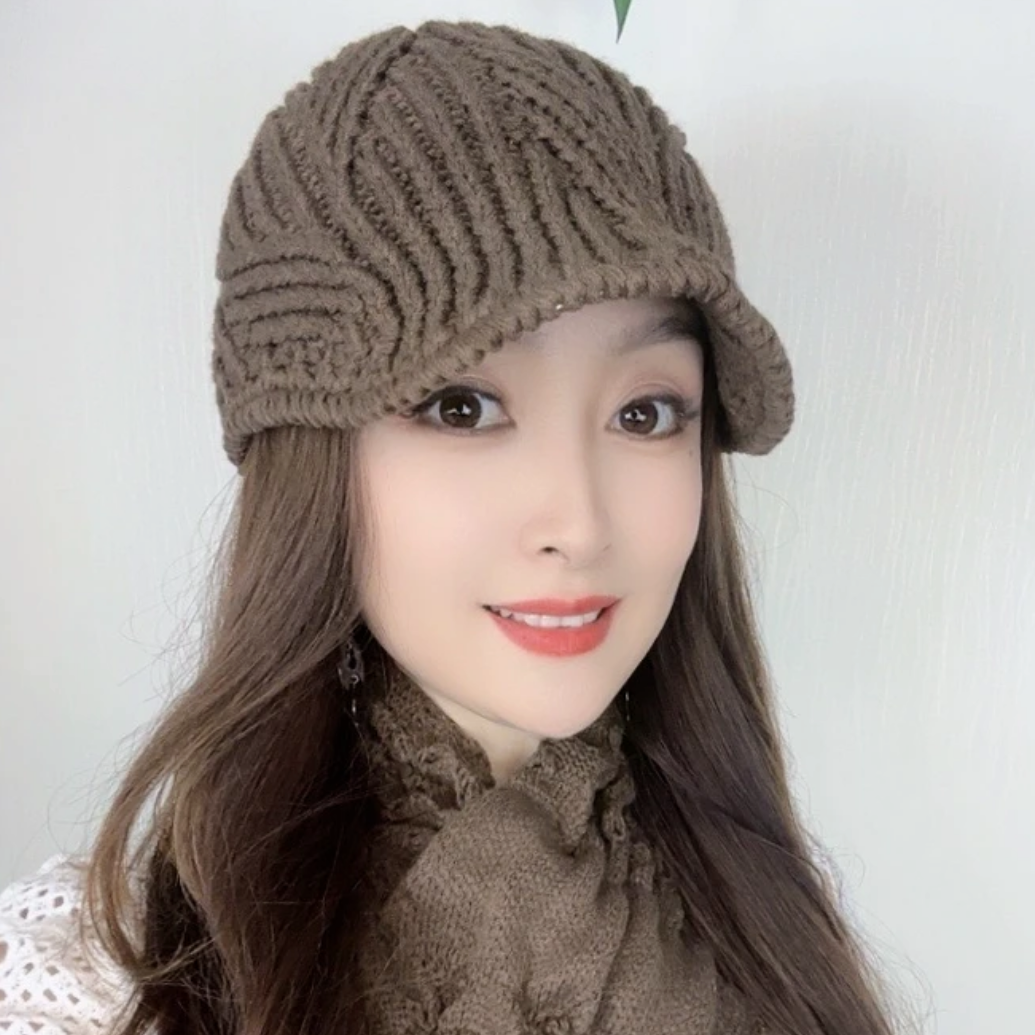 2025针织百搭宽松时尚女士韩版秋冬鸭舌帽遮白发手工针织保暖帽子