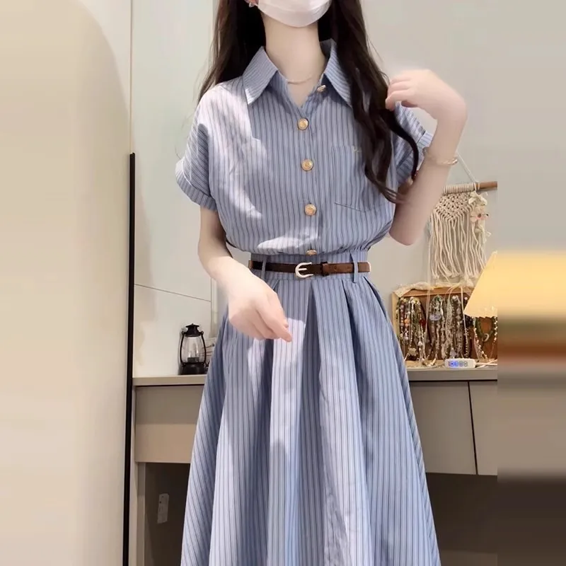 2025新款韩系学院风蓝色短袖衬衫连衣裙子女夏季气质收腰长裙女装