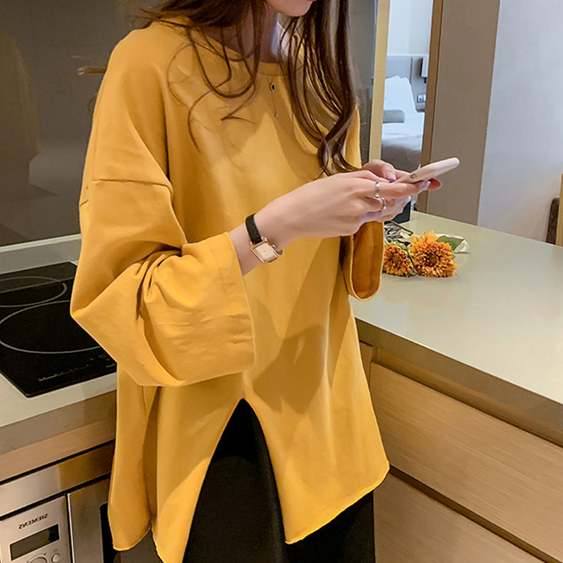 开叉t恤女长袖ins潮网红秋季2020年新款宽松超火外穿中长款上衣服