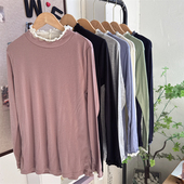 双层花边 纯色高领长袖 T恤 日系撞色 打底衫