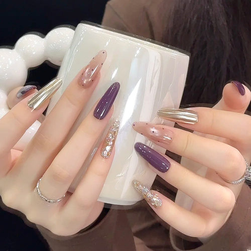 新款秋冬猫眼穿戴纯手工紫金高级亮片美甲显白气质短款贴片波点