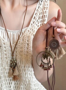 波西米亚咖色复古流苏项链嬉皮名族风小众2026新款蝴蝶吊坠毛衣链