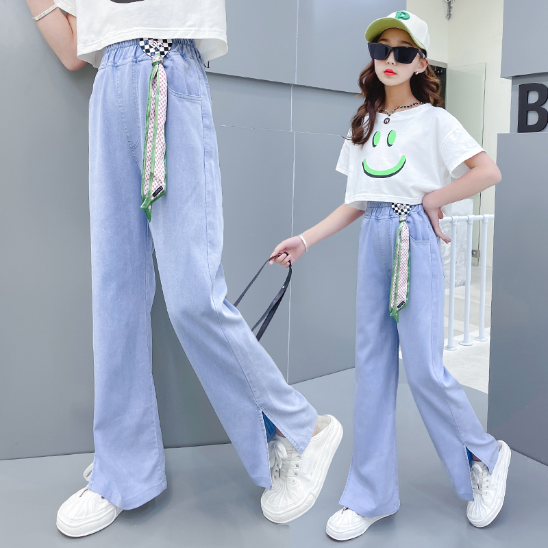 女童套装夏笑脸弹力宽松阔腿牛仔裤短袖中大童女孩洋气韩版儿童潮