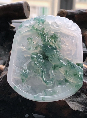 自然光实物拍摄/缅甸天然翡翠A货飘花松鹤牌挂件16.48g精雕老坑种