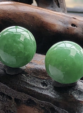自然光实物拍摄/缅甸天然翡翠A货满绿配饰圆珠一对5.87g女款耳饰