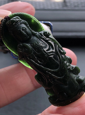 自然光实物拍摄/缅甸天然翡翠A货墨翠观音吊坠10.37g老坑挂件玉牌