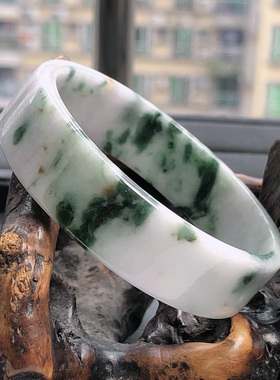 自然光实物拍摄/52.8圈缅甸天然翡翠A货飘花手镯33.19g老坑带证书