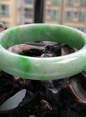 自然光实物拍/55.2圈缅甸天然翡翠A货阳绿正圈手镯51.60g老坑证书