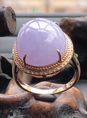 自然光实物拍/缅甸天然翡翠A货紫罗兰蛋面镶18k金钻石戒指7.52g