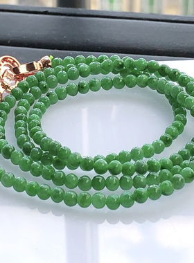 自然光实物拍/缅甸A货翡翠满绿色圆珠小米珠项链17.29g带证书老坑