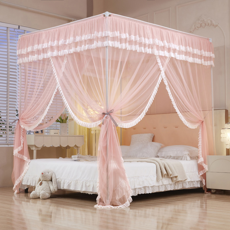 2026新款公主风花边纯色落地宫廷蚊帐加密三开门加厚支架家用卧室