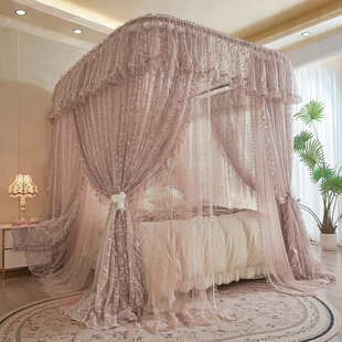 新款蕾丝提花双层纱U型导轨蚊帐防尘落地加密加厚双轨道家用卧室