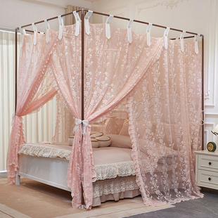 2026新款法式提花纽扣落地宫廷蚊帐床幔纱加密四柱三开门家用卧室