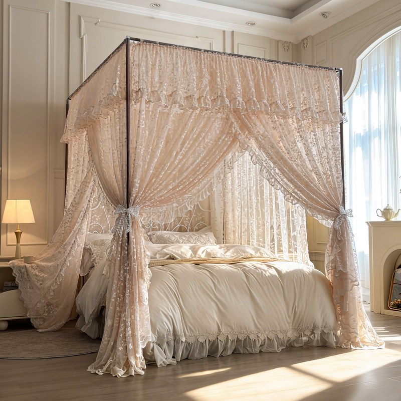 2026新款提花边蕾丝落地式宫廷蚊帐加密加厚三开门公主风家用卧室