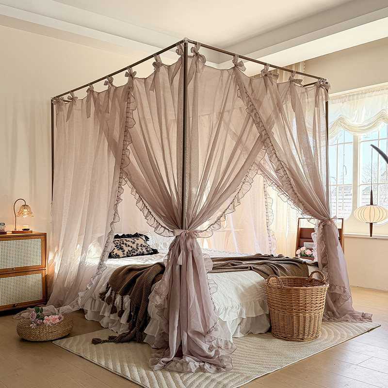 2026新款法式蕾丝落地宫廷蚊帐加密加厚高级感床幔家用卧室三开门
