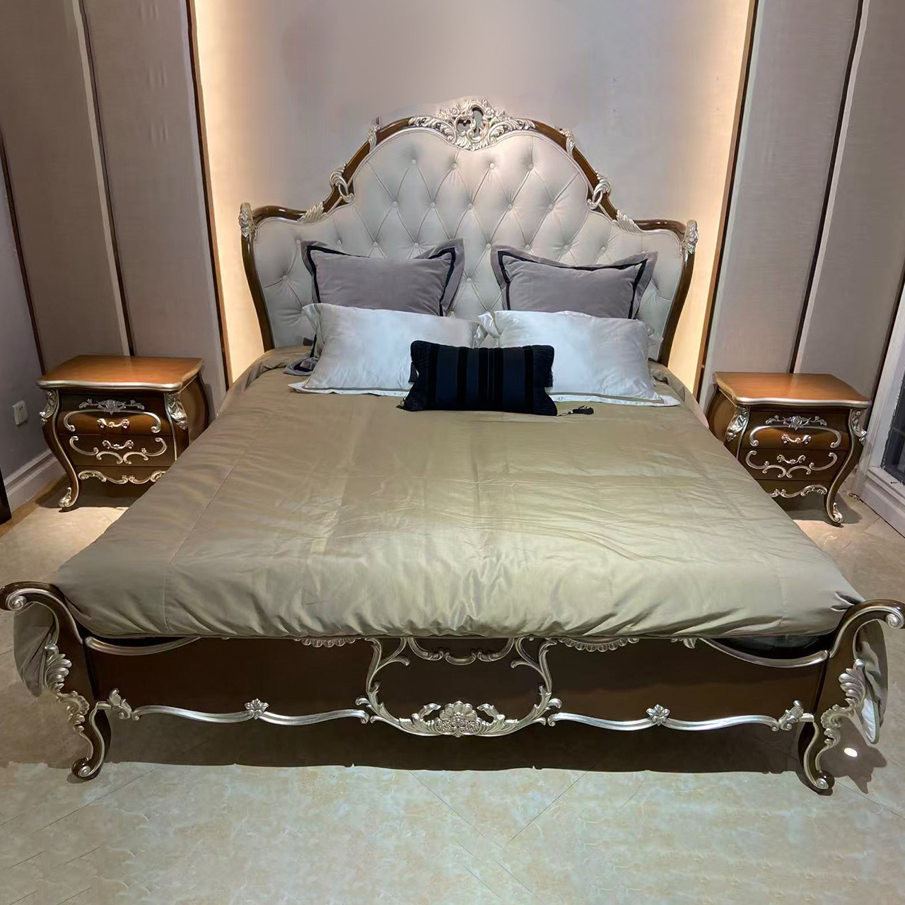 福溢家居实木雕花床法式新古典真皮软包床欧式别墅卧室公主床婚床