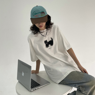 女 Sleepzoo 小众煤炭小黑猫印花T恤衫 tee 24SS 夏日简约休闲短袖