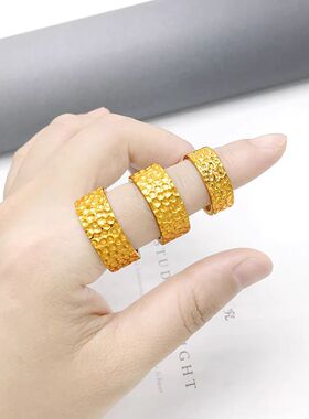 手工锤纹戒指男女款古法黄金色仿