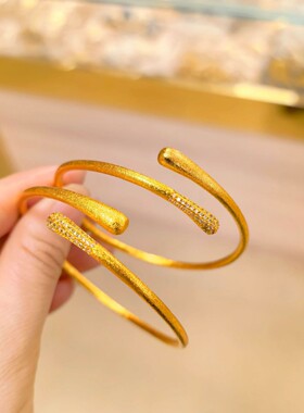 新中式沙金素圈点钻拉丝水滴手镯