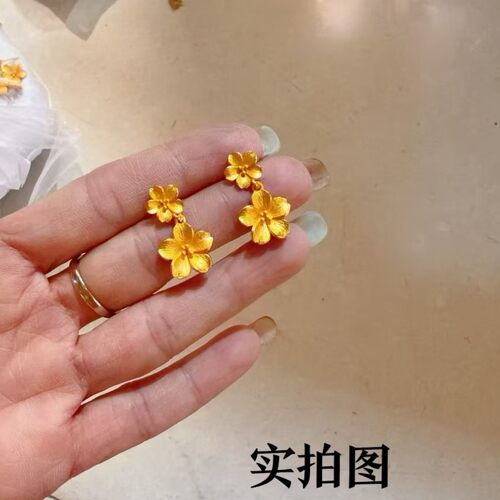 花月佳期新款双生花耳钉女黄金色