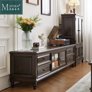 木鱼家具纯原木FAS白蜡木美式 全实木电视柜茶几地柜组合 复古法式