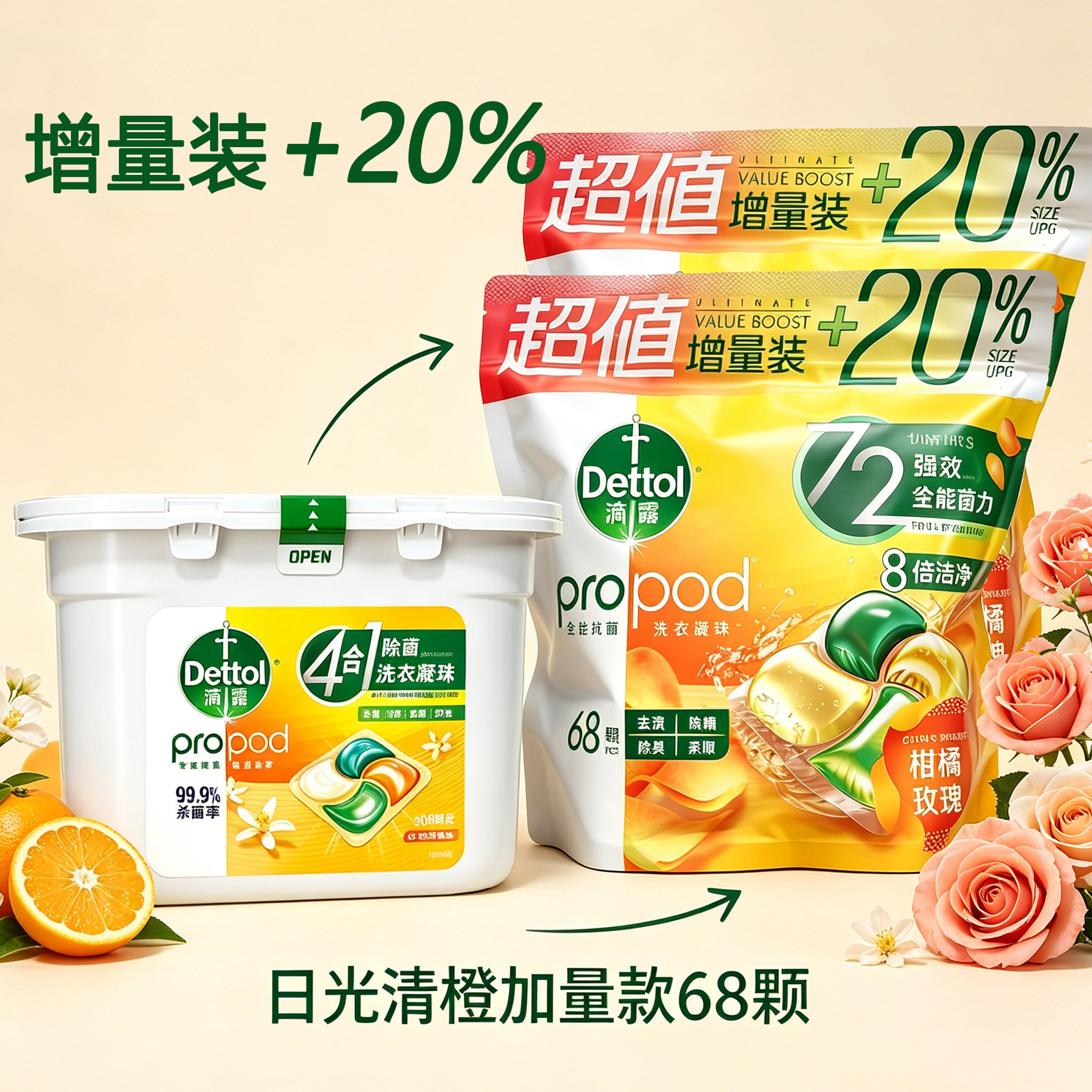 滴露【日光清橙】68颗加量装四合一除菌洗衣凝珠持久留香液正品
