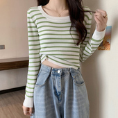 薄款 女减龄长袖 洋气高腰内搭毛衣 甜辣条纹针织小衫 修身