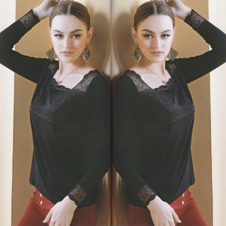 舒卡丝s 4867女式莫代尔方领 U领单衫内衣长袖蕾丝花边单件打底衫