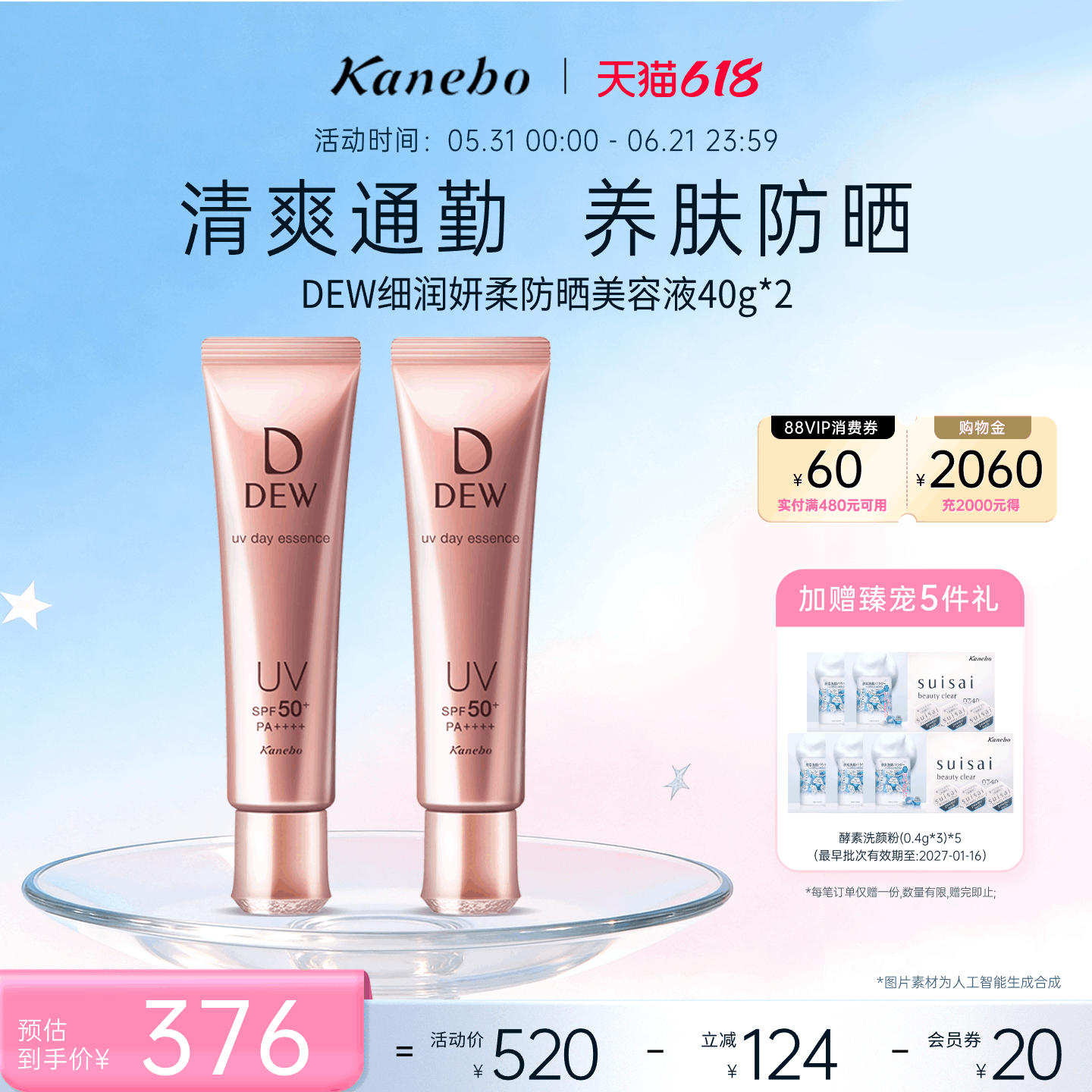 Kanebo嘉娜宝防晒霜DEW细润妍柔养肤防晒美容液40g*2