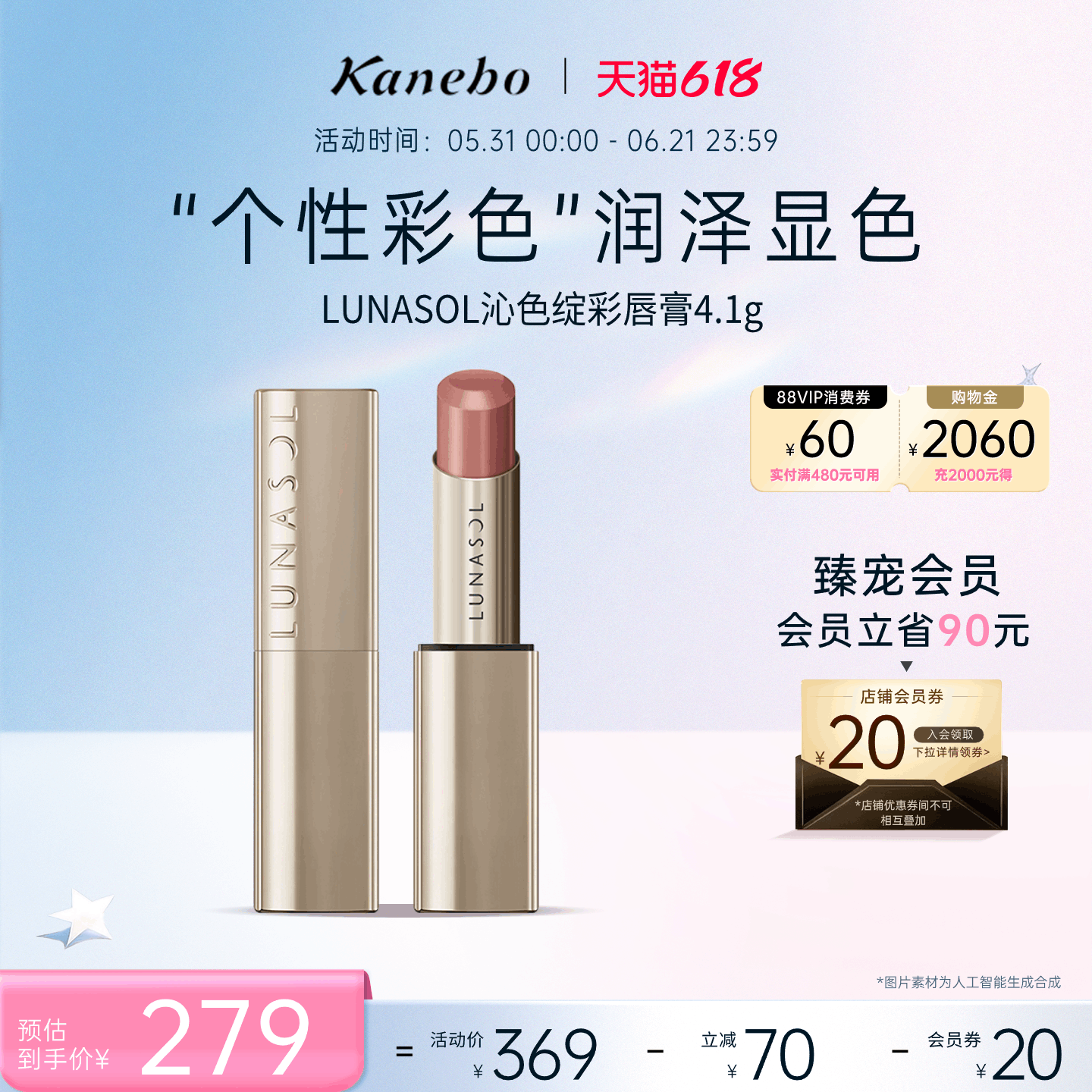 Kanebo嘉娜宝LUNASOL日月晶采沁色绽彩唇膏多色口红亮泽