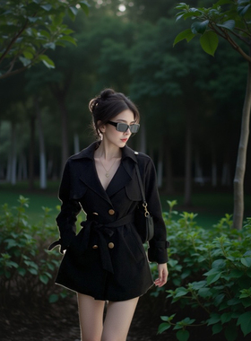 图图小有名气高级感双排扣黑色西装风衣外套女2024新款春秋短款