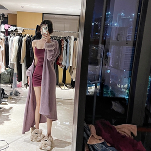 外套女2024 貉子毛腰部可系带气质名媛纯色中长款 图图小有名气 款