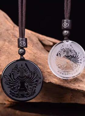 2026天然白水晶黑曜石准提镜吊坠光面镜子背带千手菩萨门口挂件客